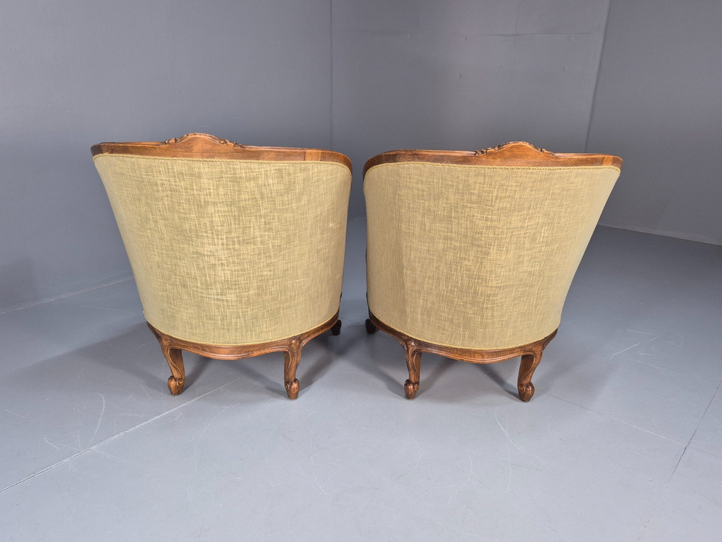 2 Antique Tub Chairs Oak Carved Frame Green Patterned Velvet 1920s EB10741 VCAR10
