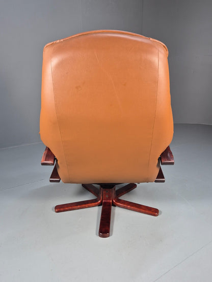 Vintage Tan Leather & Vinyl Swivel & Reclining Chair Danish Retro EB9265 MSWI - UKDK FURNITURE