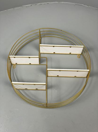 Vintage 1960s Round Shelving Wall Mounted Gold & White Wire Framed EB11491 MWOO8