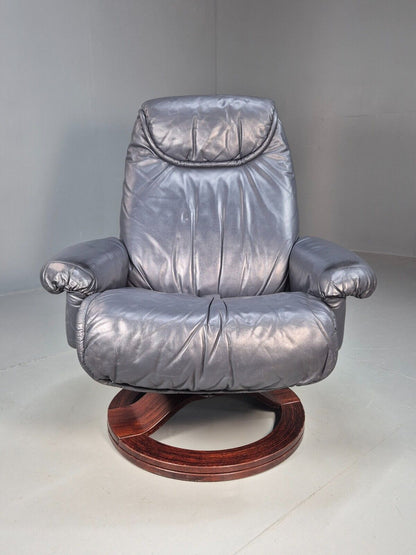 Vintage Danish Swivel Chair Blue Grey Leather Reclines 1980s Retro Eb8465 MSWI - UKDK FURNITURE