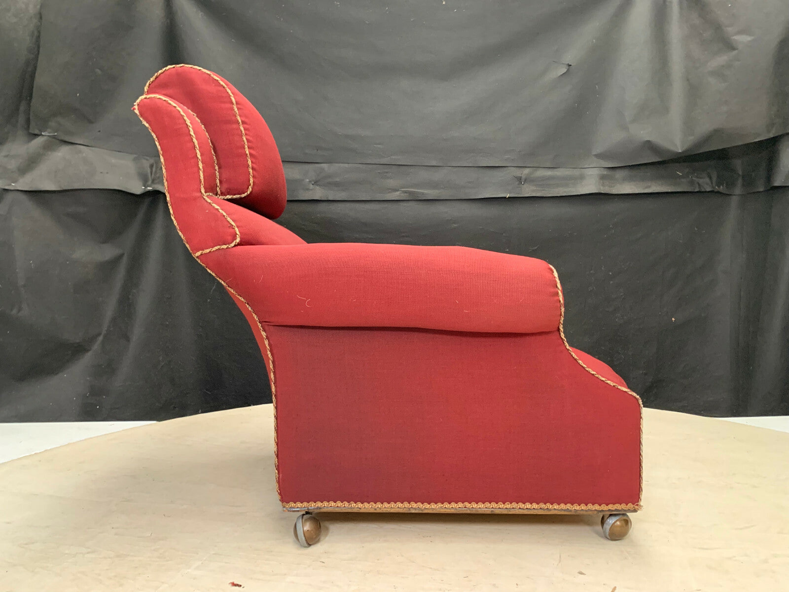 Vintage Arm Chair with Castors Dark Red Fabric for Reupholstery VCLO EB25971