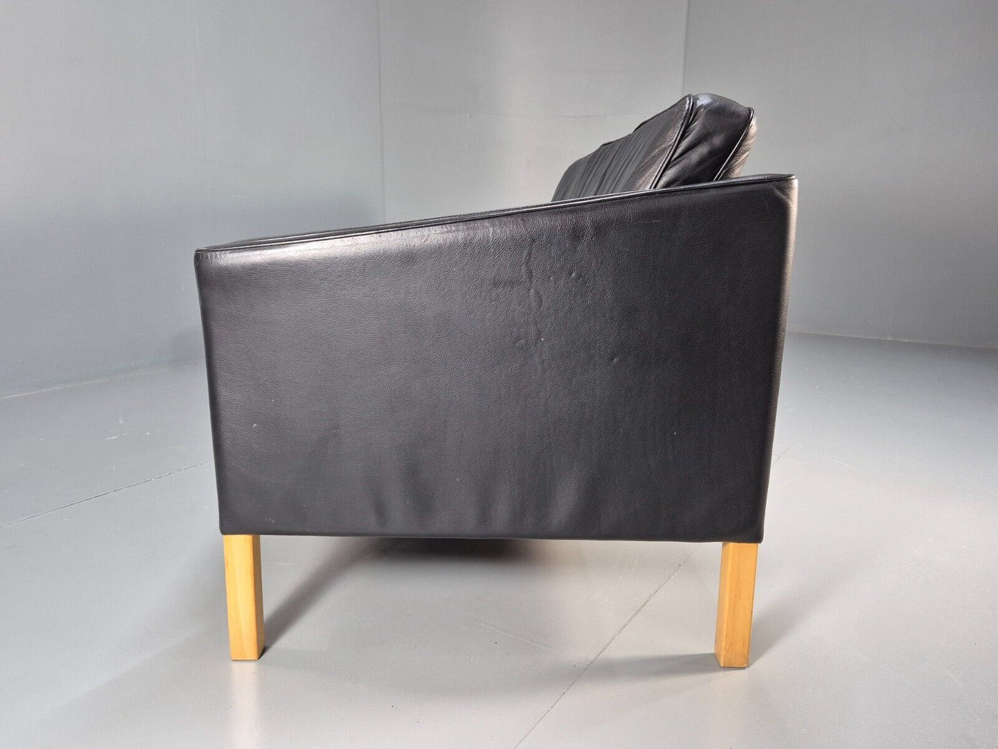 Vintage Danish 3 Seat Sofa Black Leather Straight back Arm Retro MCM EB8622 M3SS - UKDK FURNITURE