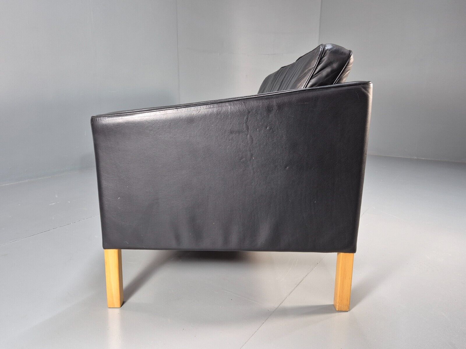 Vintage Danish 3 Seat Sofa Black Leather Straight back Arm Retro MCM EB8622 M3SS - UKDK FURNITURE