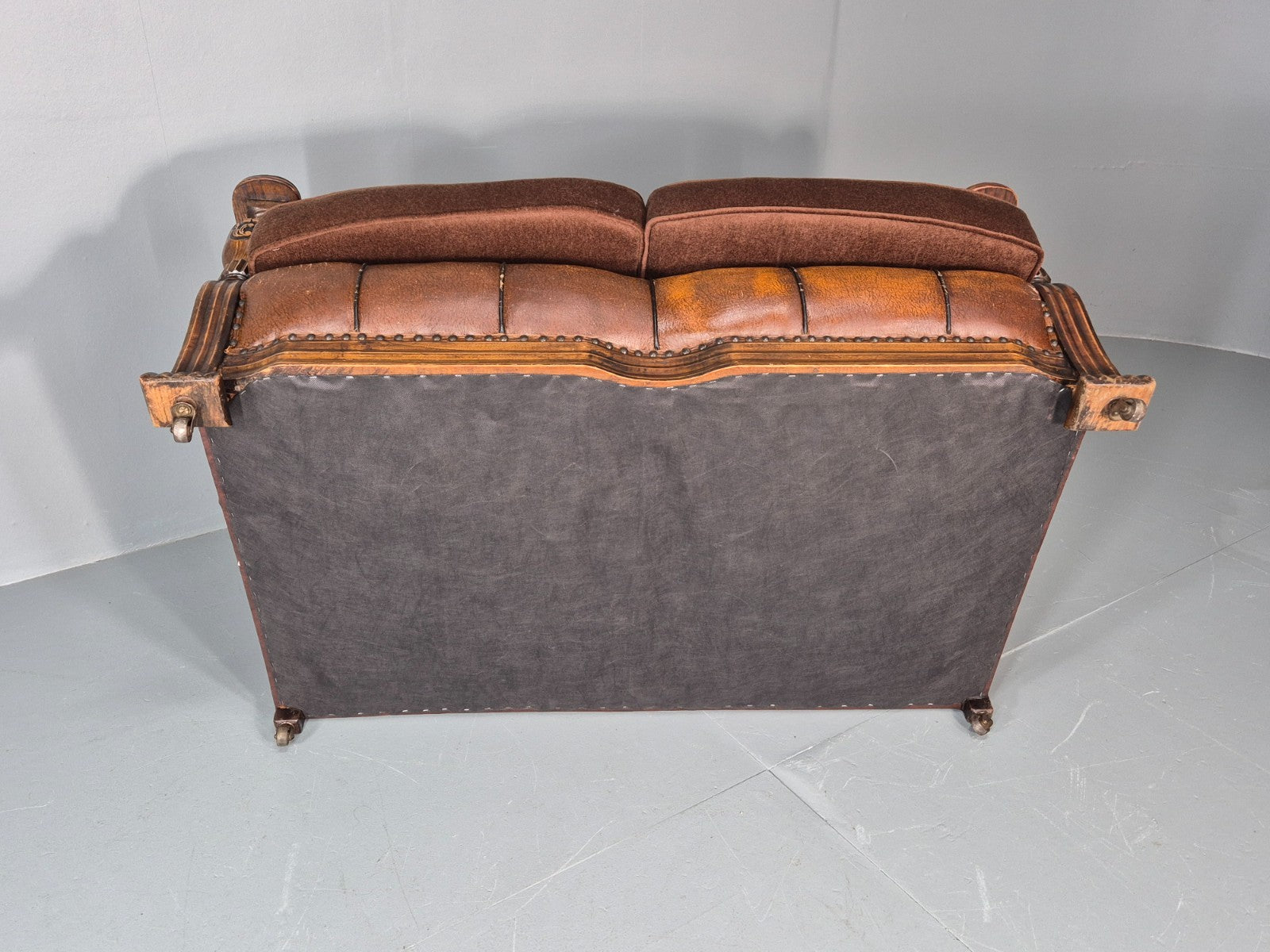 Two Seater Edwardian Sofa Baroque Oak Frame Rexine and Velour EB11265 V2SS6