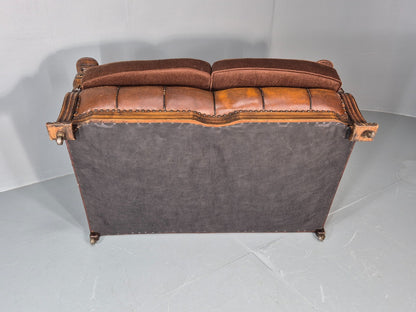 Two Seater Edwardian Sofa Baroque Oak Frame Rexine and Velour EB11265 V2SS6