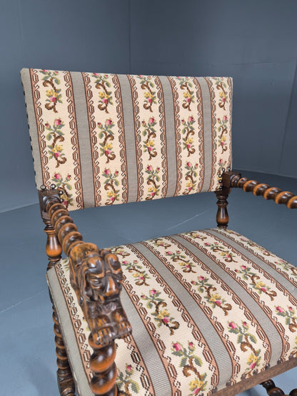 17th Century Style Carved Chair Lions Arms Barley Twist Frame 1960 EB10774 VCAR14