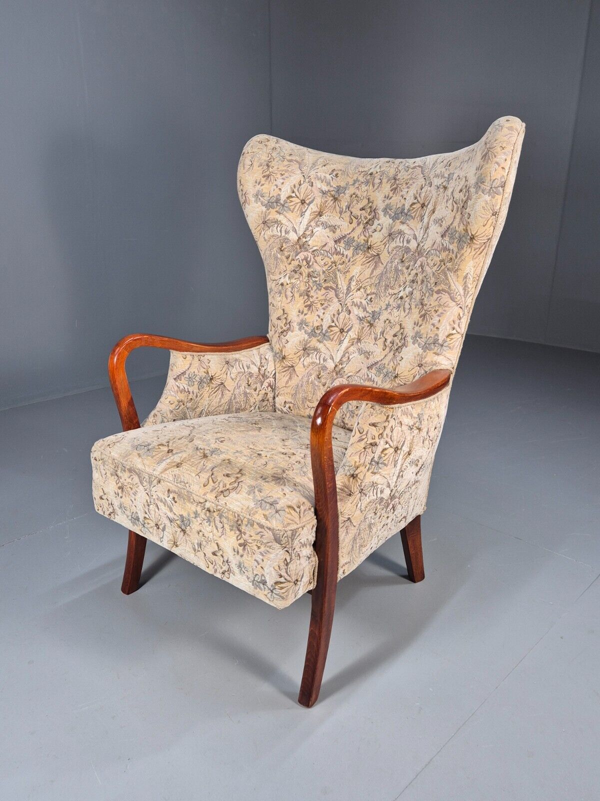 Vintage Danish Lounge Chair Floral Upholstery Beech Frame Retro MCM EB8935 MNOR - UKDK FURNITURE