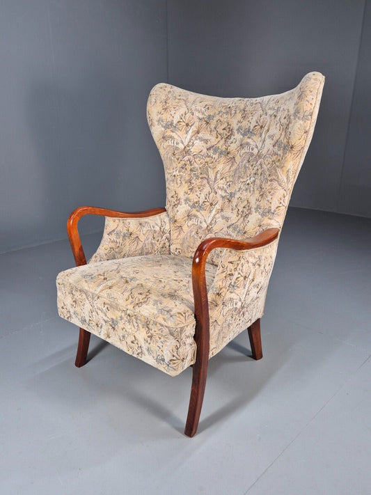 Vintage Danish Lounge Chair Floral Upholstery Beech Frame Retro MCM EB8935 MNOR - UKDK FURNITURE