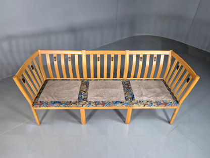 3 Seat Sofa Vintage Danish Blue Floral Beech Frame 1980s Retro EB7279 M3SS4