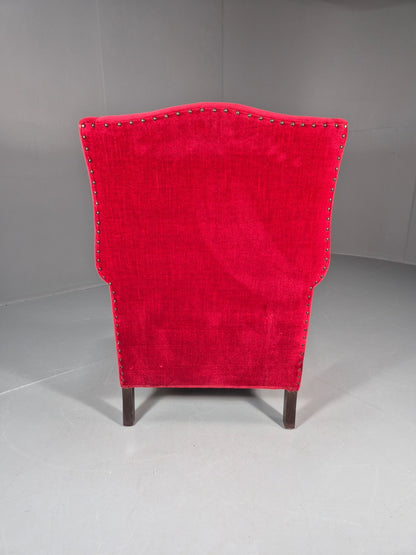 Wing Back Lounge Chair Red Velour Danish 1960s Georgian Style EB10754 VCLO16