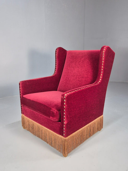 Vintage Danish Wingback Lounge Chair Red Velour Tassels 1940s Retro EB9614 VCLO - UKDK FURNITURE