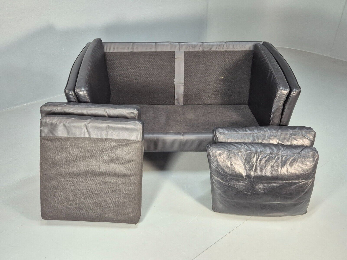 Vintage Danish 2 Seat Sofa Black Leather 1980s Retro MCM EB8697 M2SS - UKDK FURNITURE