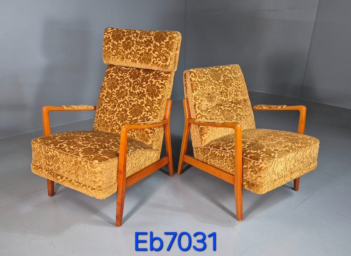 2 Swedish Lounge Chairs Gold Floral Moquette Beech Vintage 1960s MCM EB7031 MNOR0