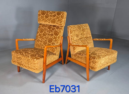 2 Swedish Lounge Chairs Gold Floral Moquette Beech Vintage 1960s MCM EB7031 MNOR0