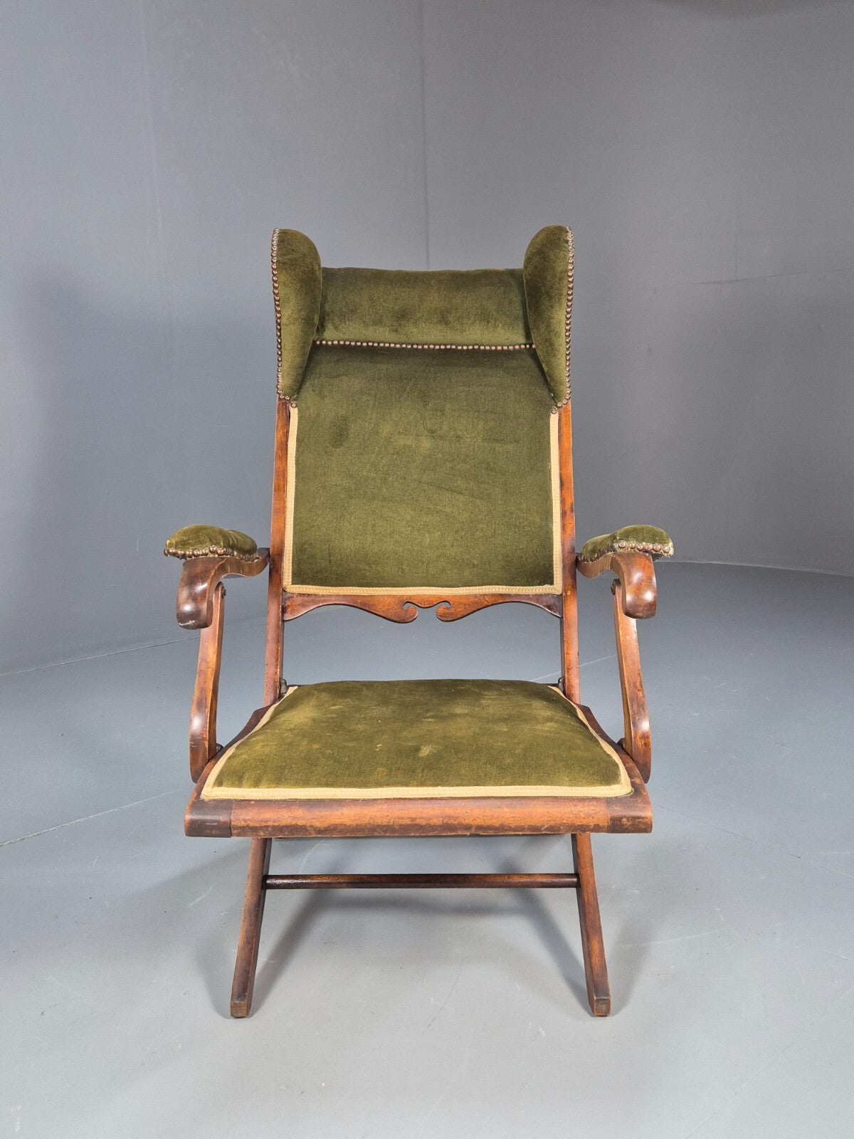 Antique Campaign Chair in Green Velour and Mahogany Victorian EB9696 VCLO - UKDK FURNITURE