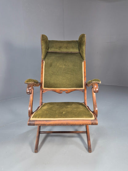 Antique Campaign Chair in Green Velour and Mahogany Victorian EB9696 VCLO - UKDK FURNITURE