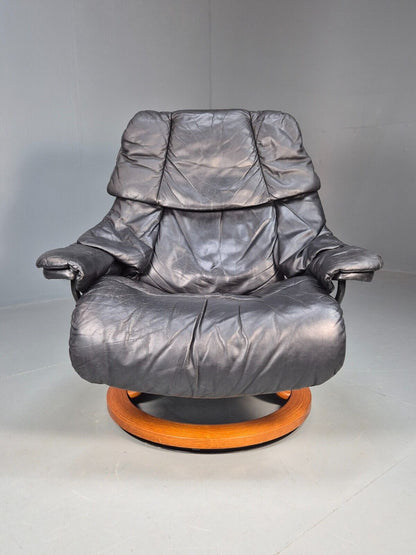Vintage Norwegian Swivel Lounge Chair Black Leather Stressless Retro EB8490 MSWI - UKDK FURNITURE