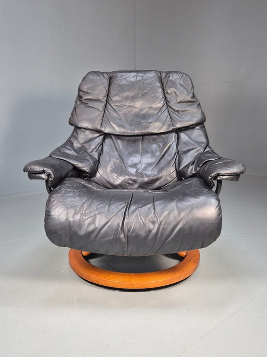 Vintage Norwegian Swivel Lounge Chair Black Leather Stressless Retro EB8490 MSWI - UKDK FURNITURE