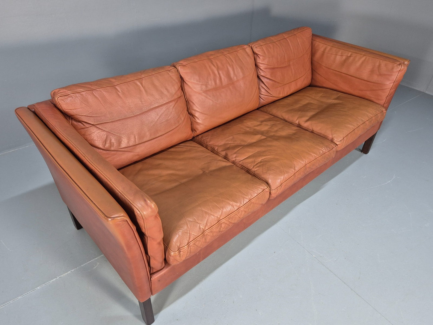 MidCentury Three Seater Sofa Tan Leather Vintage Danish Retro 1970s EB10721 M3SS9