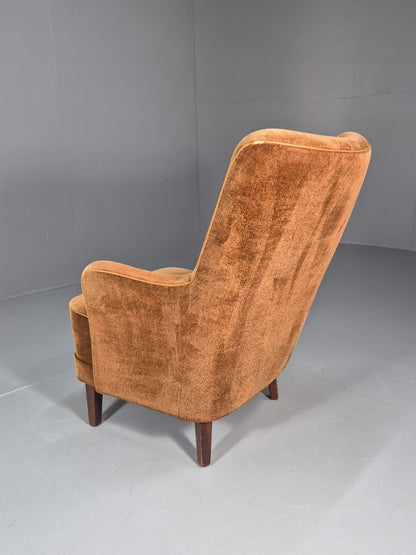 Mid Century Tub Chair Danish 1960s Brown Velour Retro Buttons EB10755 MNOR11