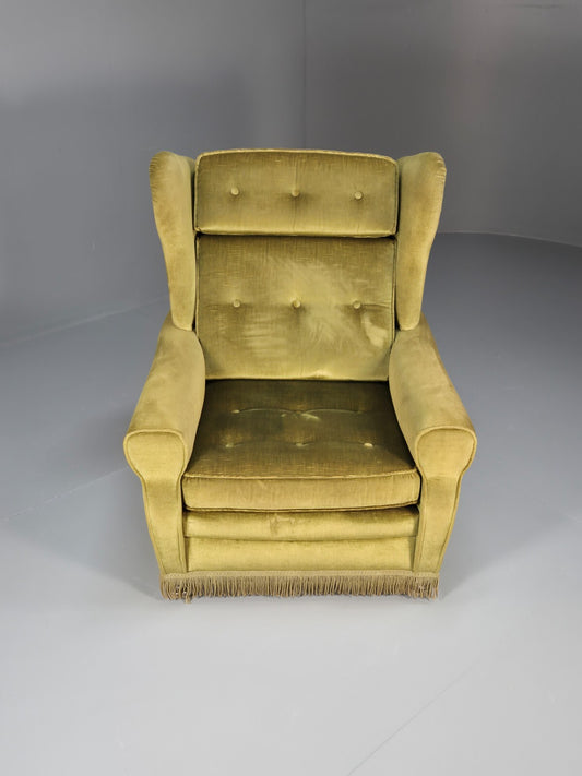 Vintage Danish Green Wing Back Lounge Chair 1970s Retro Tassels EB9576 VCLO - UKDK FURNITURE
