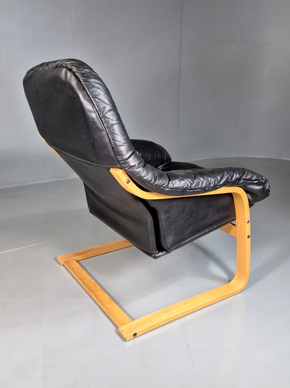 Vintage Danish Lounge Chair Black Leather Bentwood Cantilever Retro EB7229 MBEN9