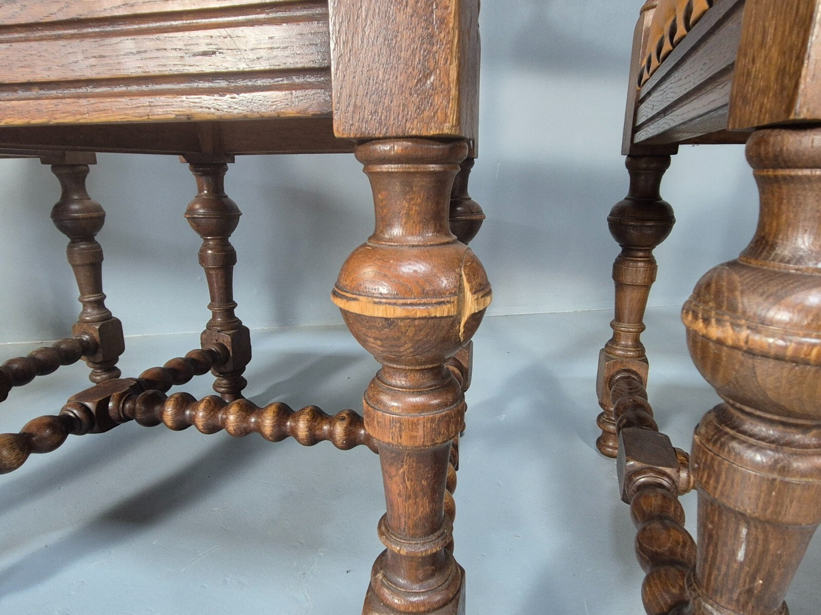 6 Vintage Danish Baroque Style Dining Chairs Oak and Tan Leather EB9649 VDIN - UKDK FURNITURE