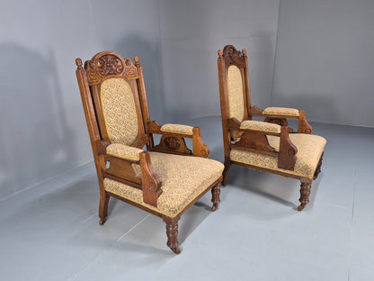 2 Edwardian Carved Oak Lounge Chairs Embroidery Upholstery 1900s EB10690 VCAR5