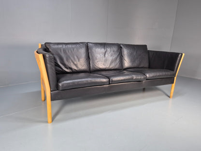 Mid Century Three Seater Sofa Beech Ends Black Leather 1980s Retro EB10399 M3SS1