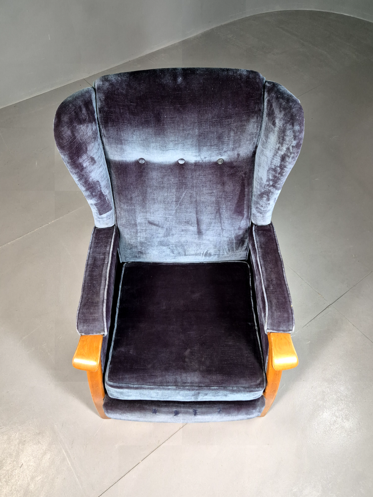 Vintage Lounge Wingback Chair Blue Velour Beech Frame 1950 Retro MCM EB7108 VCLO2