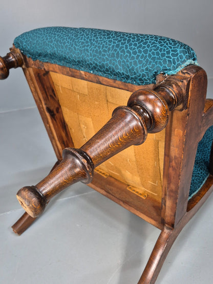Antique Danish Oak Armchair Blue Pattern Fabric Vintage Design EB9625 VCLO - UKDK FURNITURE