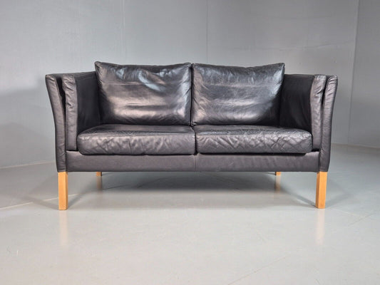 Vintage Danish 2 Seat Sofa Black Leather 1980s Retro MCM EB7625 M2SS - UKDK FURNITURE