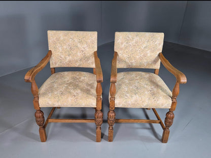 2 Antique Hall Chairs in Oak Frame and Floral Upholstery EB7362 VCAR1