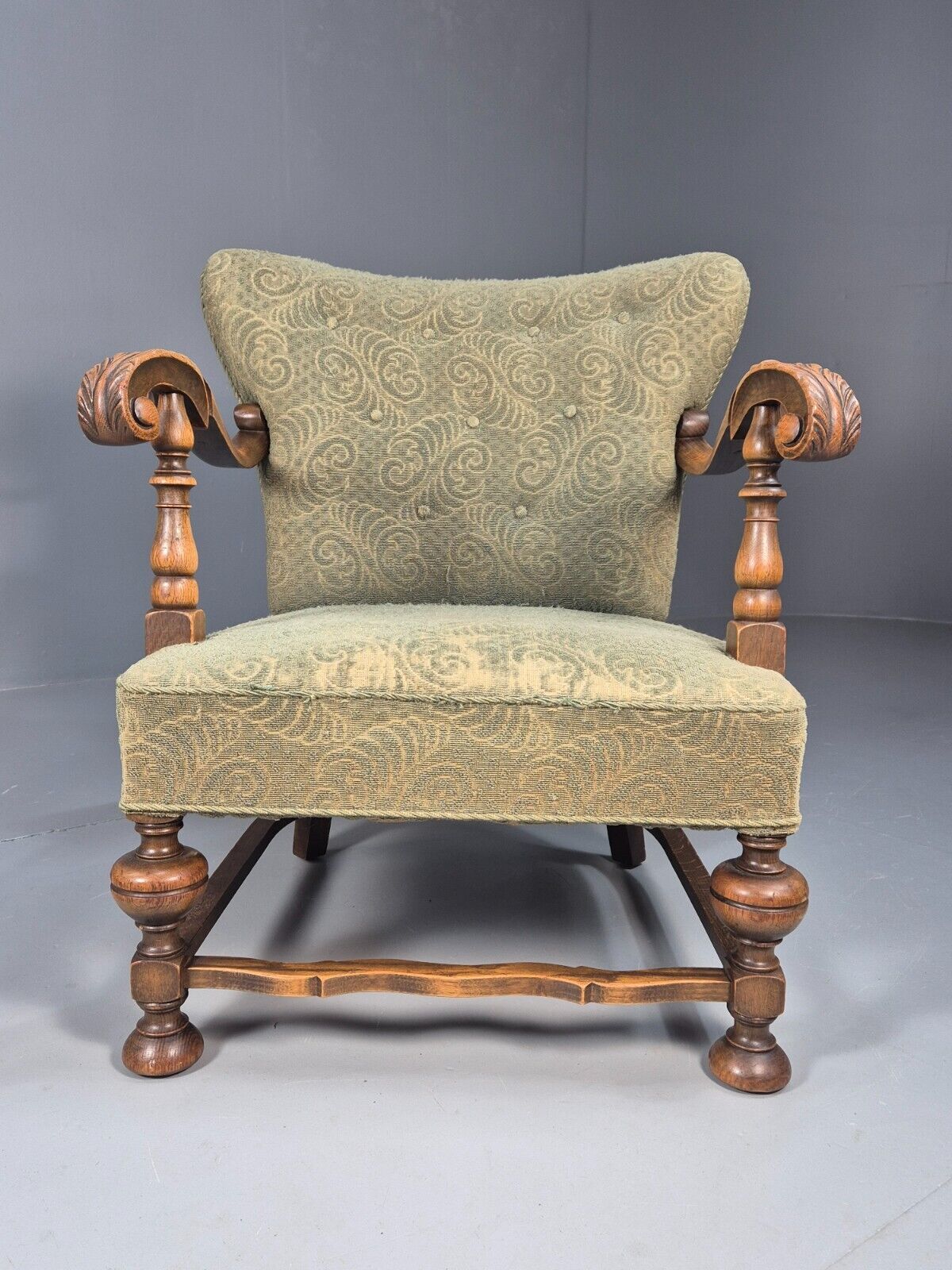 Vintage Danish Lounge Chair Green Moquette Carved Oak Frame 1940s EB8998 VCLO - UKDK FURNITURE