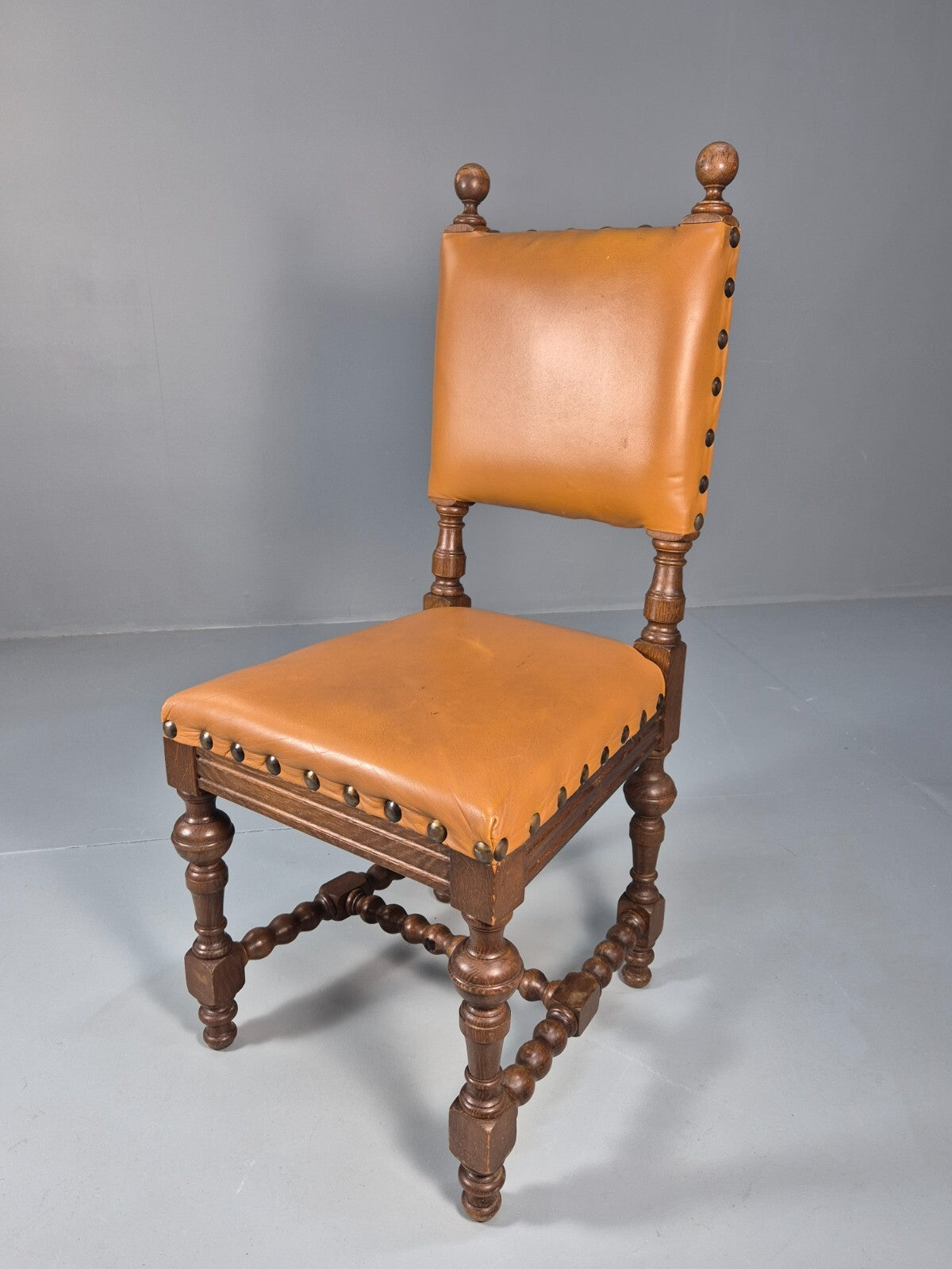 6 Vintage Danish Baroque Style Dining Chairs Oak and Tan Leather EB9649 VDIN - UKDK FURNITURE