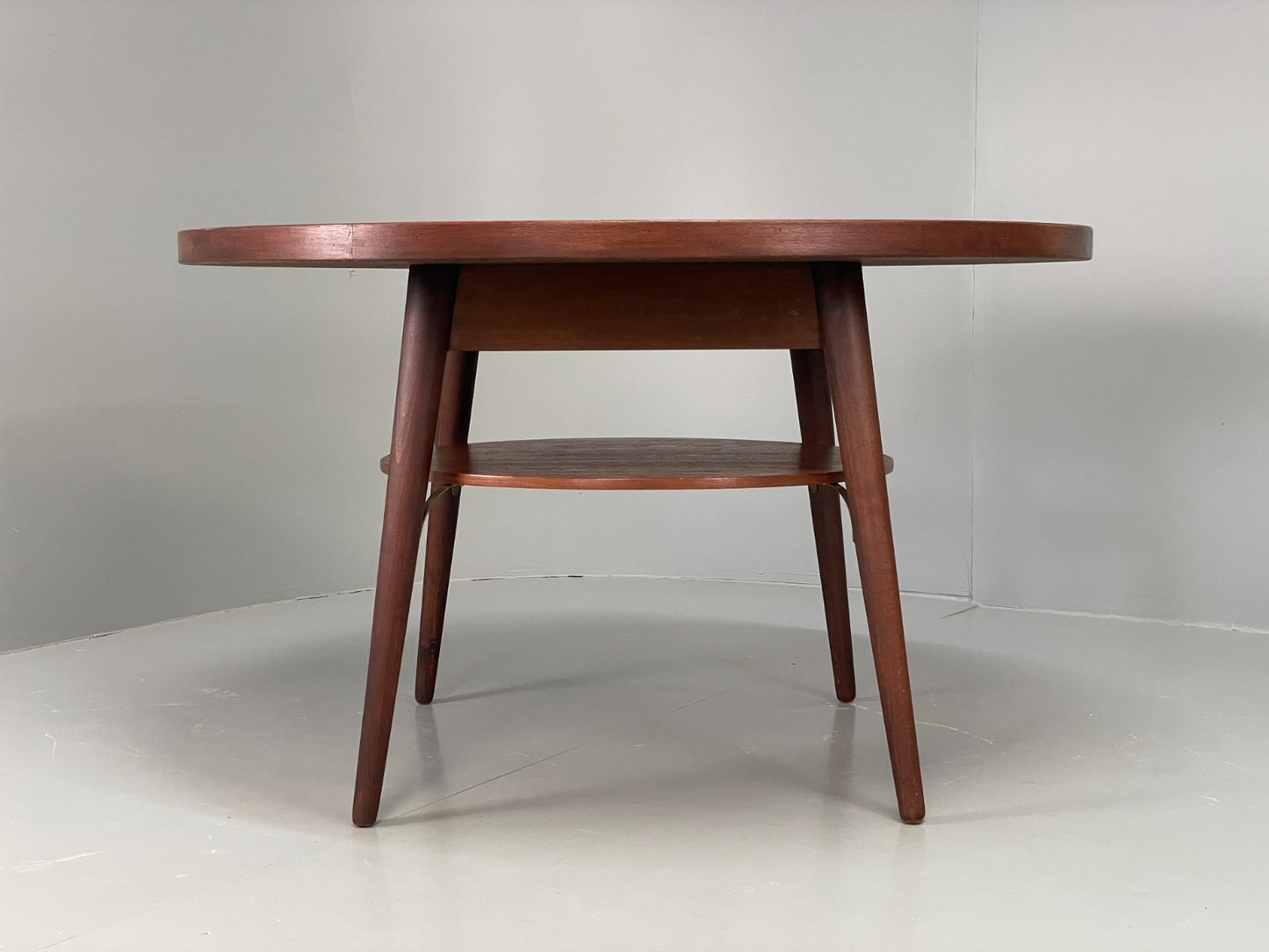 Vintage Round Dining Table 1960s Mid Century Formica Teak Shelf EB11810 MWOO7