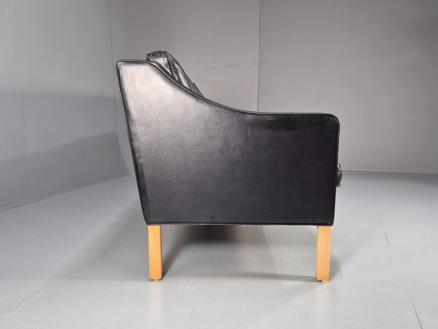 Vintage 3 Seater Leather Sofa Danish Mogensen Style Black 1980s EB10689 M3SS12