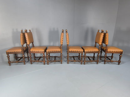 6 Vintage Danish Baroque Style Dining Chairs Oak and Tan Leather EB9649 VDIN - UKDK FURNITURE