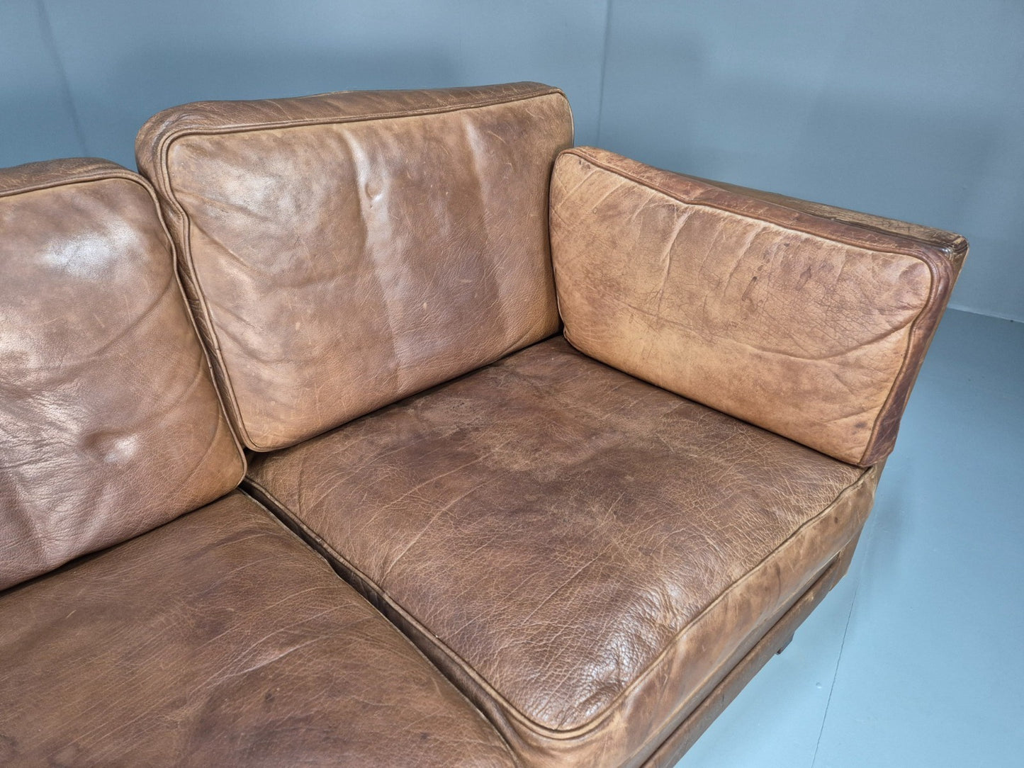 Mid Century 3 Seater Leather Sofa Danish Tan Leather  1970s Retro EB10102 M3SS10