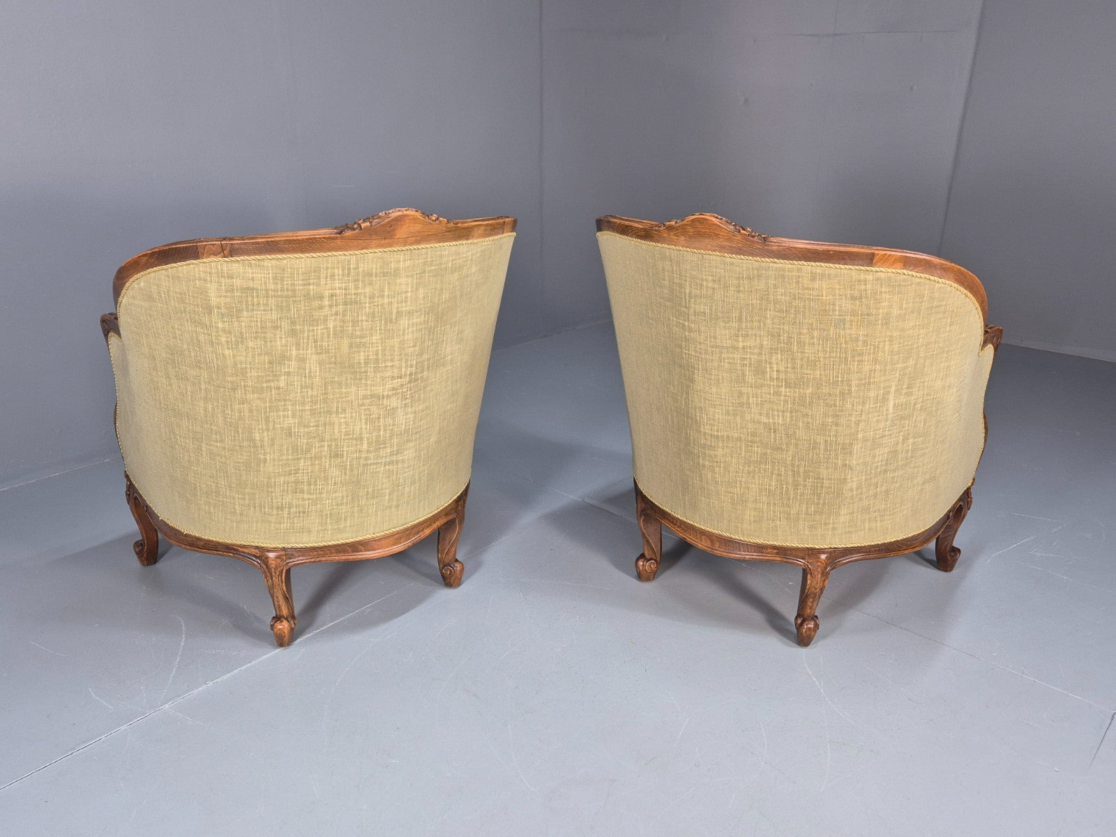 2 Antique Tub Chairs Oak Carved Frame Green Patterned Velvet 1920s EB10741 VCAR9