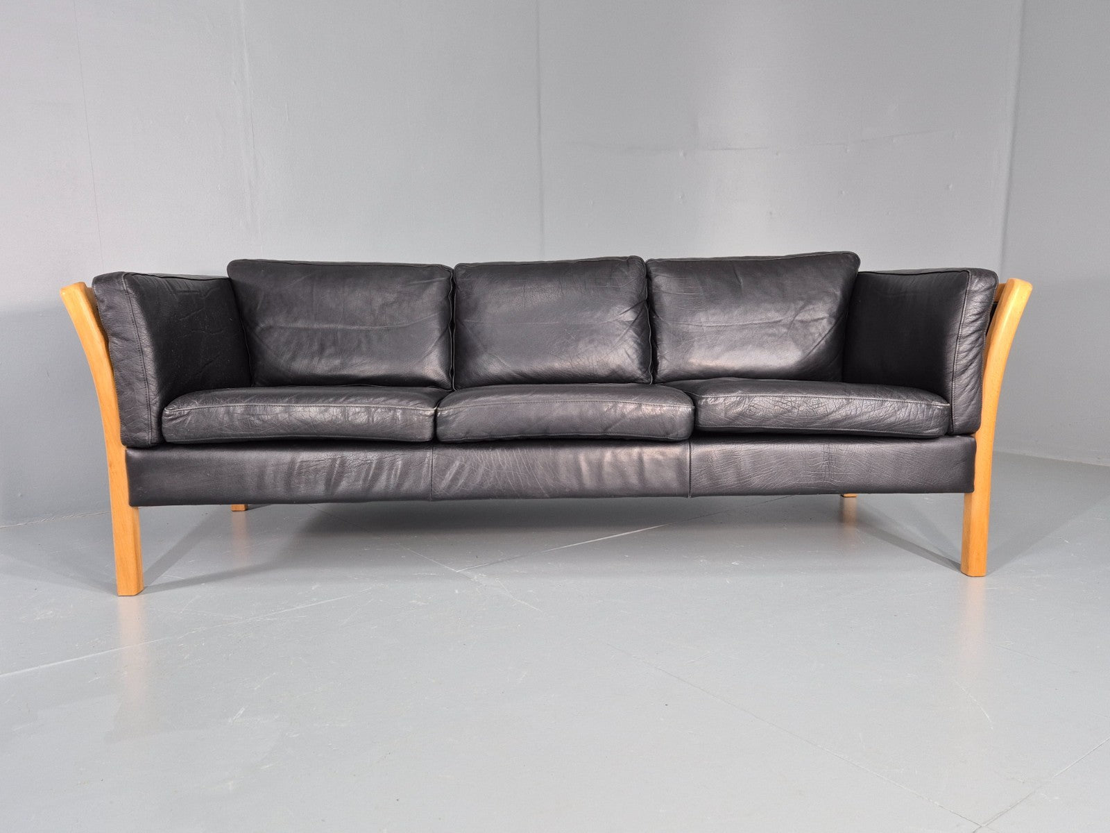 Vintage Stouby 3 Seat Sofa Danish Black Leather Beech End 1980s EB10556 M3SS7