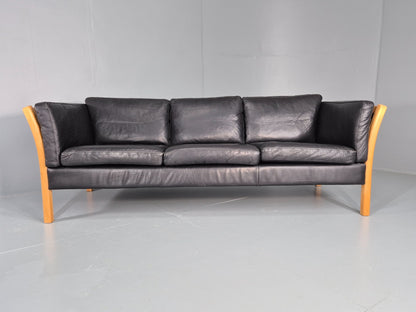 Vintage Stouby 3 Seat Sofa Danish Black Leather Beech End 1980s EB10556 M3SS7