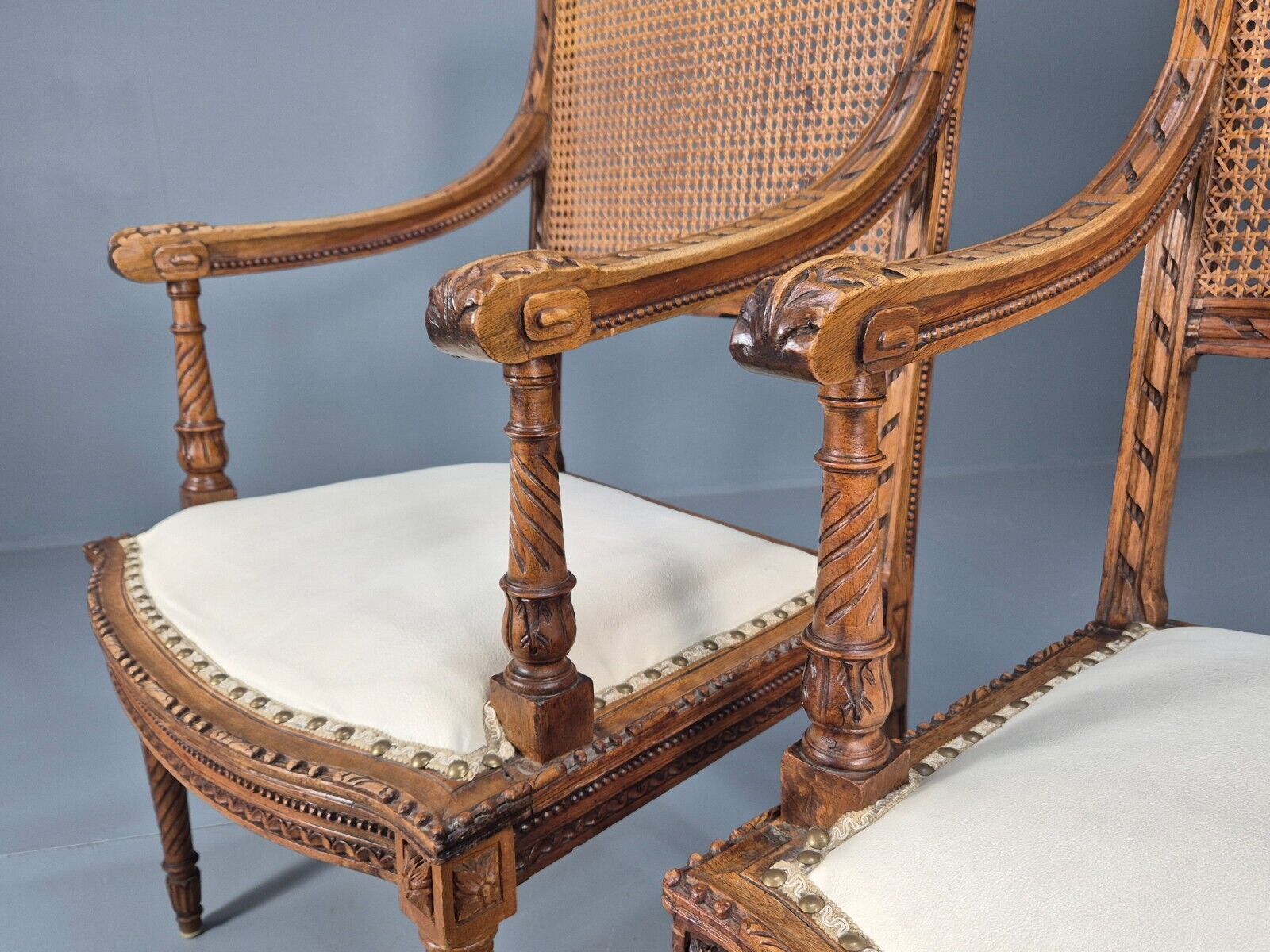 2 Vintage Danish Lounge Chairs Rattan Walnut Louis XVI Style Antique EB8995 VBER - UKDK FURNITURE