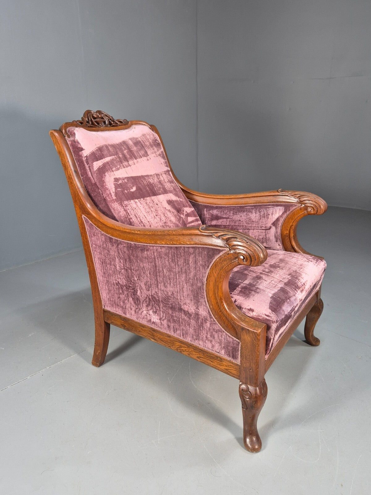 Vintage Danish Empire Chair Carved Oak Frame Purple Velvet Antique EB9616 VCAR - UKDK FURNITURE