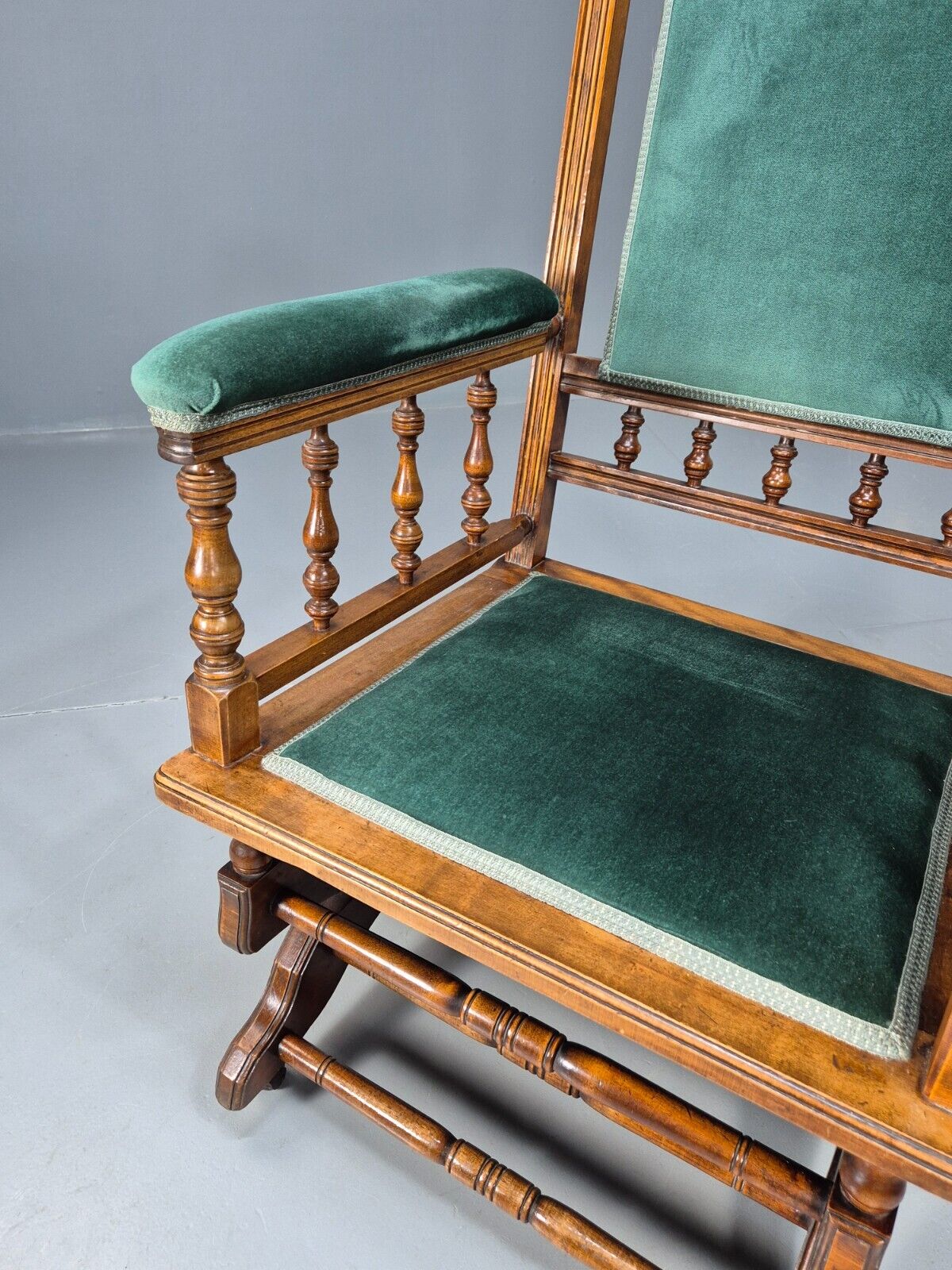 An Edwardian Mahogany Rocking Chair American Style Green Velvet EB9386 VCLO - UKDK FURNITURE