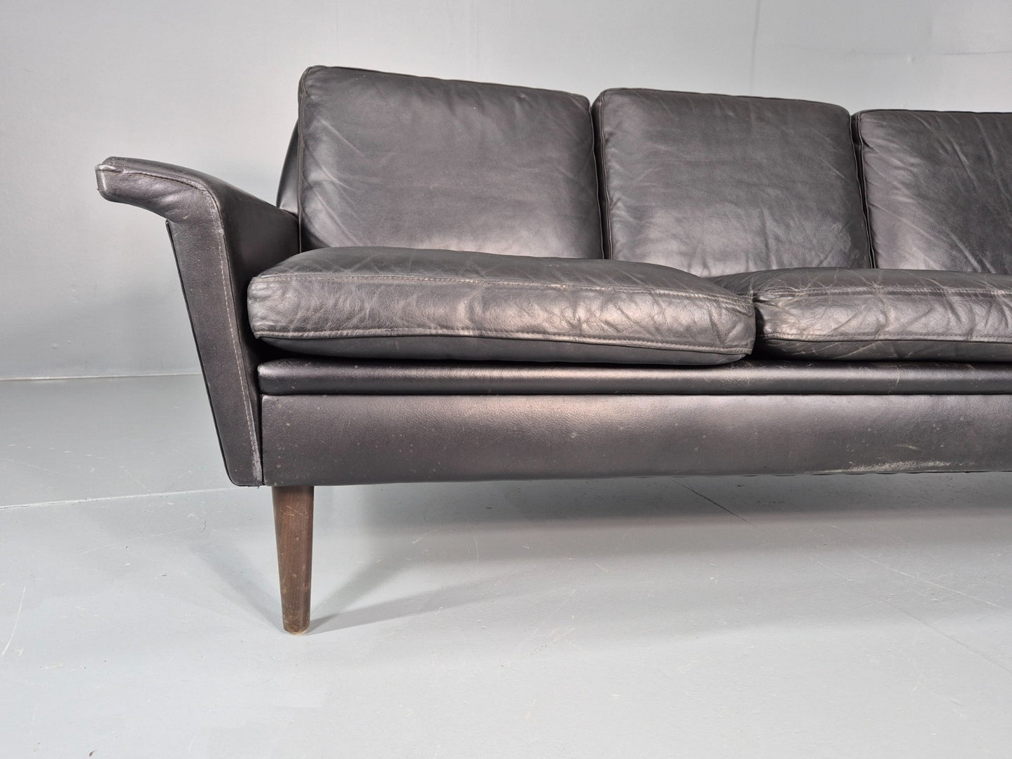 Vintage 1960s 3 Seat Sofa Danish Mid Century Design Black Leather EB10068 M3SS2