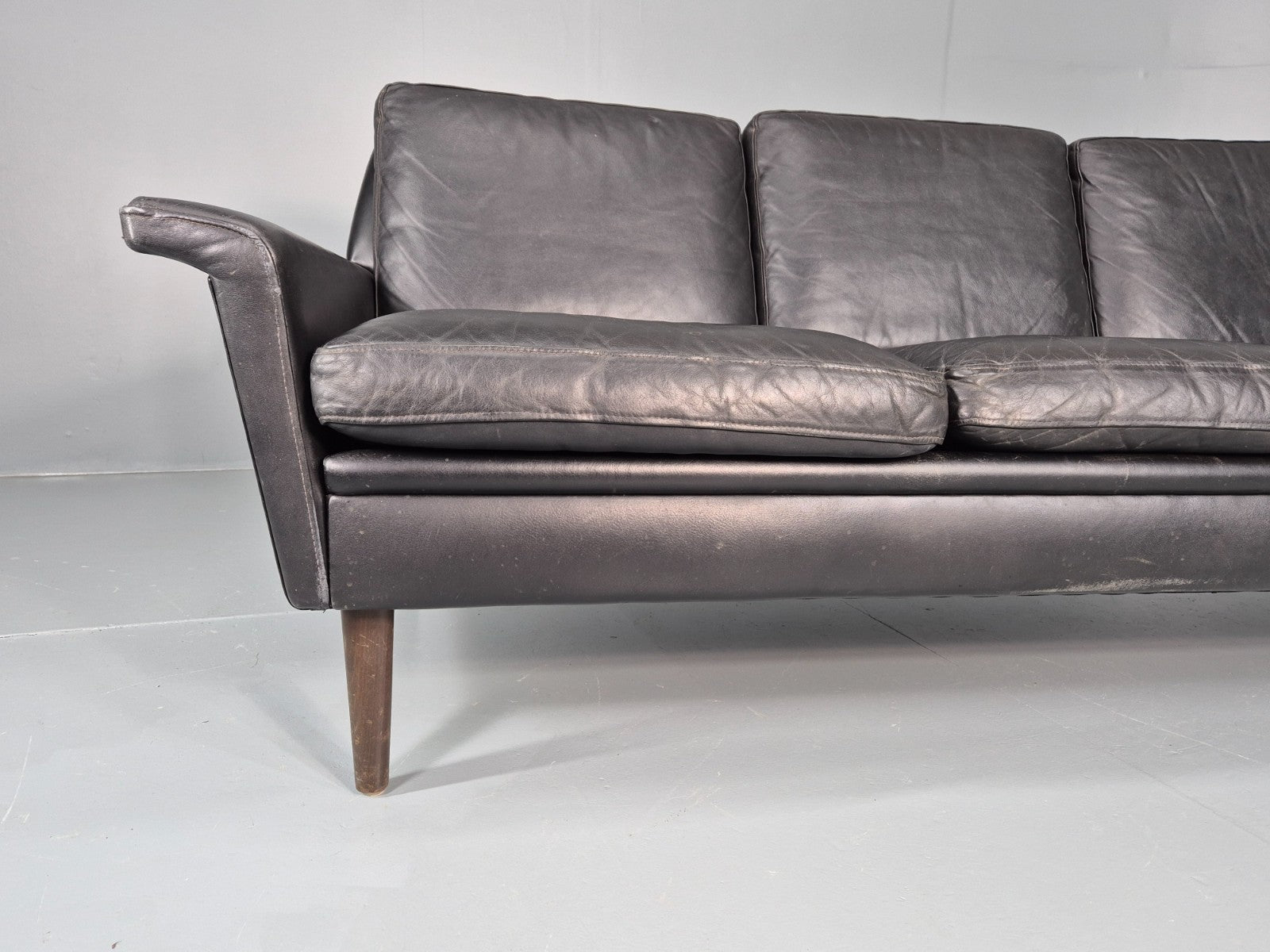 Vintage 1960s 3 Seat Sofa Danish Mid Century Design Black Leather EB10068 M3SS2