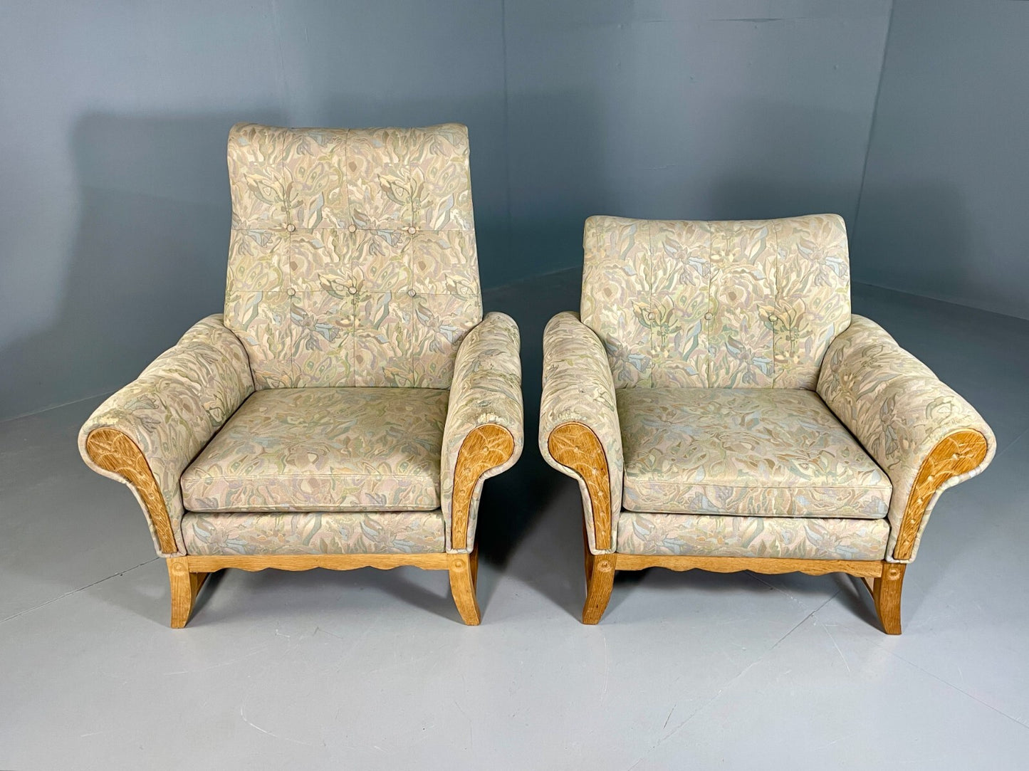 2 Danish Lounge Chairs Kjaernulf Oak Floral Cotton Vintage Retro EB6749 MNOR2