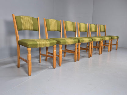 6 Kjaenulf Oak Danish Dinning Chairs Green Stripe Upholstery 1970s EB9536 MDIN - UKDK FURNITURE