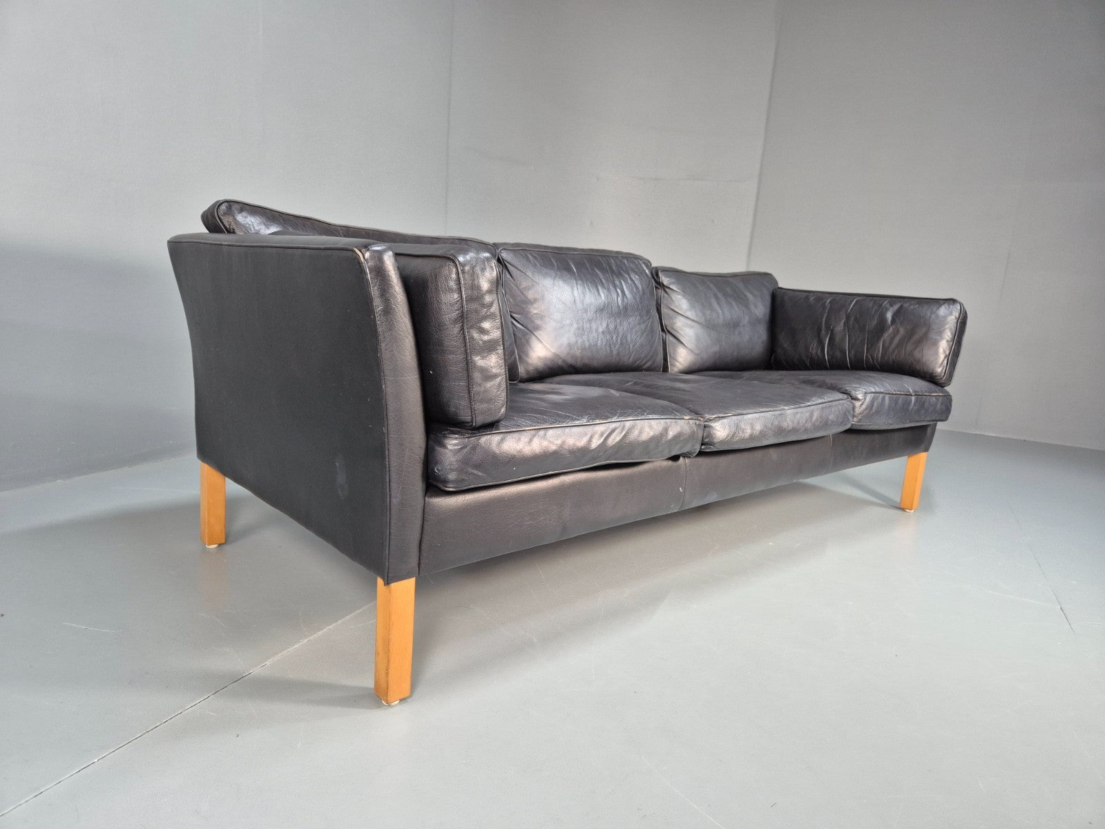 Mid Century Three Seater Sofa Vintage Danish Black Leather Retro EB10114 M3SS1